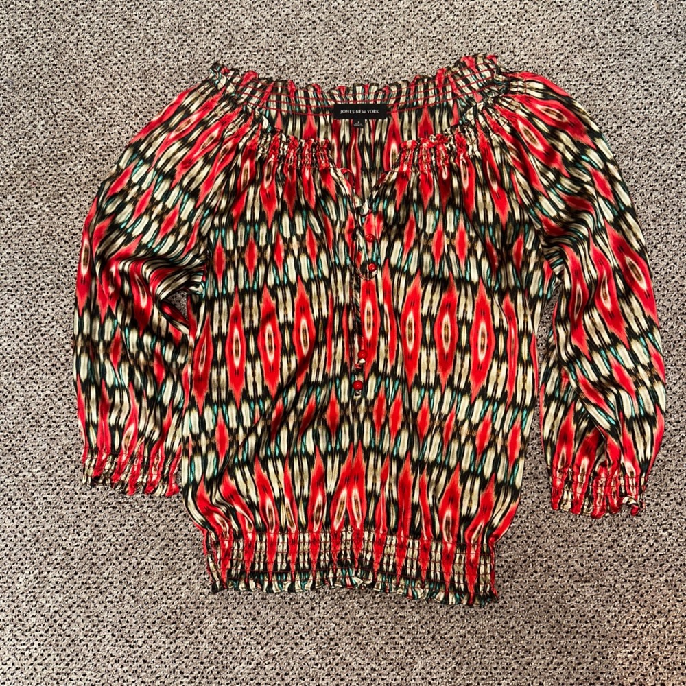 Jones New York Red Ikat Diamond Smocked Peasant Blouse Top Small